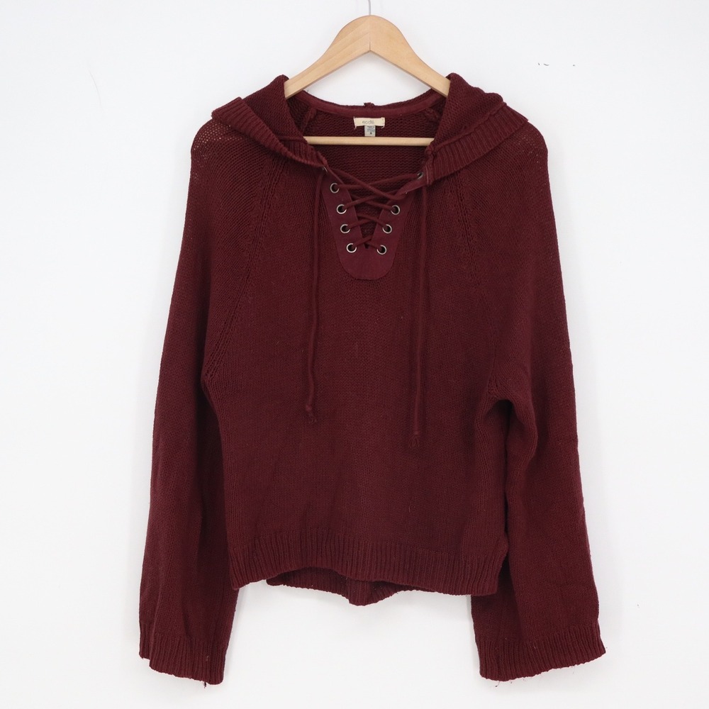 Ecote Sweater Womens S Lace-Up Hoodie Burgundy Bell Sleeve Knit Excellent